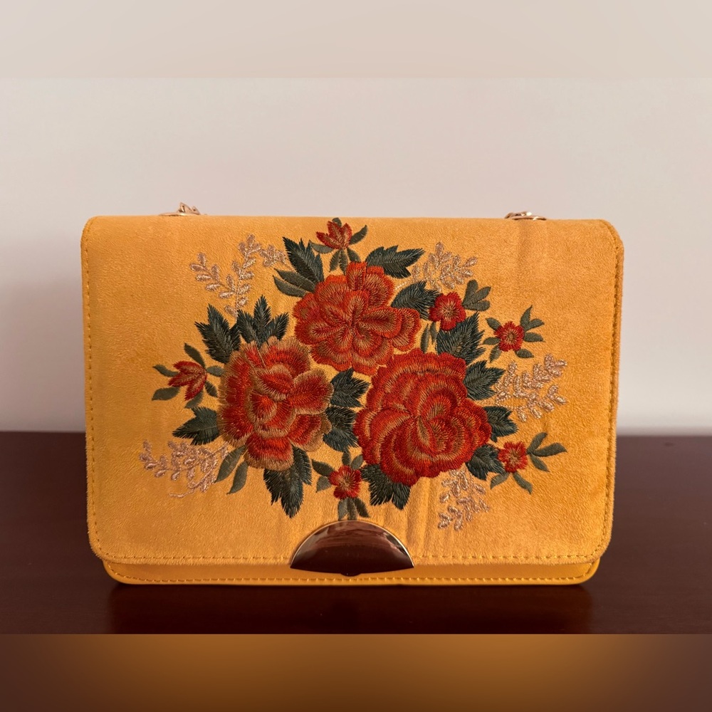 Floral Embroidered Yellow Shoulder Bag